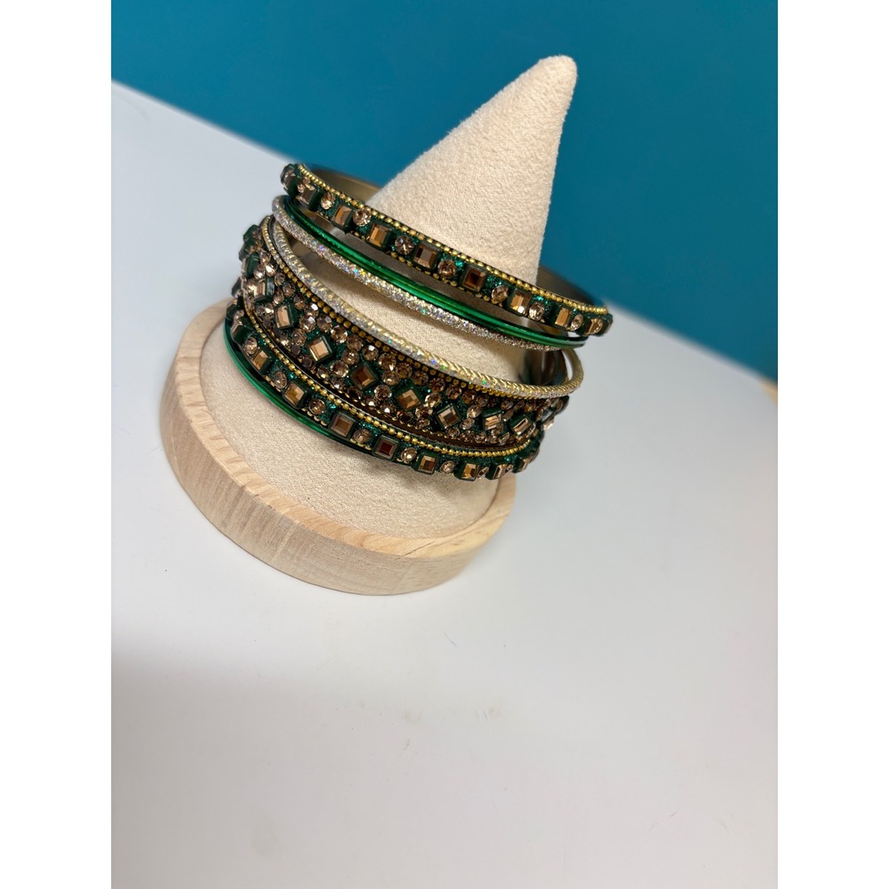 Green Gold Crystal‎ Bangle Bracelet Set 7pc Bollywood Ethnic Stacking